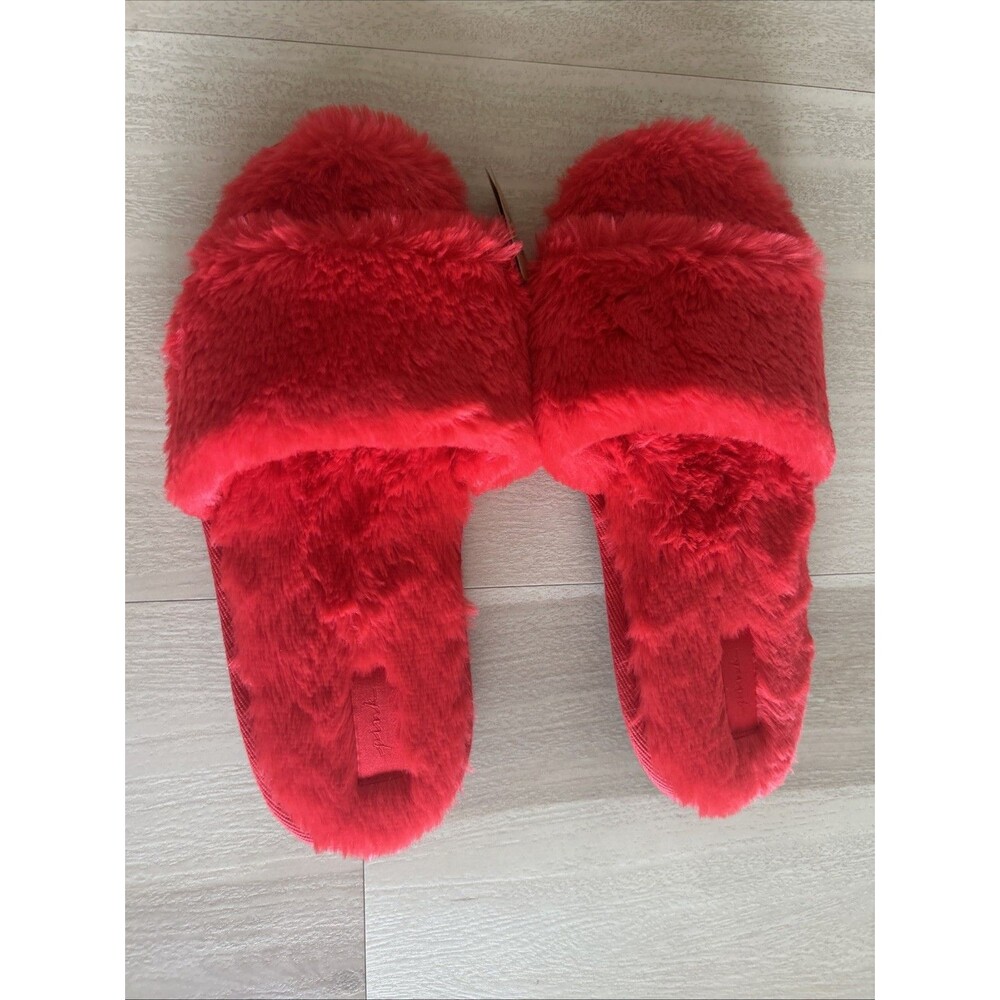 NWT-Pink By Victorias Secret Faux Fur Red Slippers Sz L